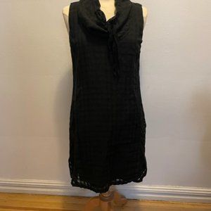 209WST38 black cowl neck sleeveless shift minidress in linen lattice weave